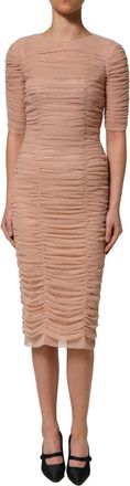 Dolce & Gabbana Womens Beige Cotton Mesh Ruched Sheath Midi Dress Nylon Elastane