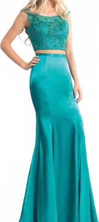 Rachel Allan Stretch Satin Two-Piece Beaded Gown In Jade