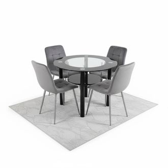Kosy Koala Round Black Glass Dining Table Set with 4 Grey Velvet Chairs
