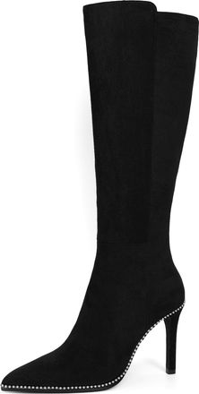 elashe Womens Suede Knee High Boots Black Ladies Knee length Long Heeled Boots for Women UK with Beads Stiletto 9.5 CM(3.75 inches) High Heels Pointed Toe Si