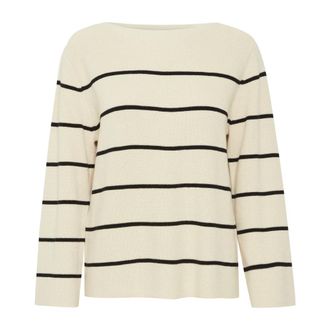 Ichi Gestreepte Gebreide Trui Amandel Melk Zwart - Dames - Ronde hals truien - Beige - S - Truien & Vesten