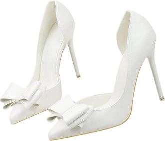 Generic Women Luxury Pointed Toe High Heel Pumps Bow Detail Hollow Holiday Party Dress Shoes White