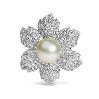 House of Brilliance 18K White Gold 2 3/4 Cttw Diamond and 12.5 MM Cultured Freshwater Pearl Floral Brooch Pin