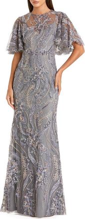 Mac Duggal Womens High Neck Flutter Sleeve Floral Embroidered Gown in Charcoal at Nordstrom, Size 10