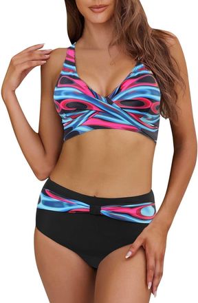 Generic Two Piece Swimsuits Top for Older Women Ladies UK Bikini Sets Tummy Control High Waisted Bottoms Push Up Swimwear Cross Front Bathing Suits Beachwear 