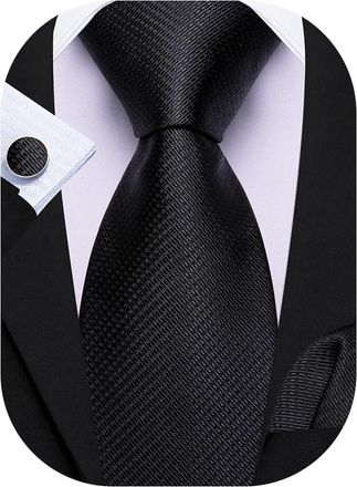 Barry.Wang Mens Funeral Black Ties Solid Color Necktie Pocket Square Cufflink Set Formal Business