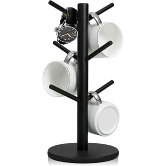 OEM Portavasos De Madera Con Base Gruesa, Soporte Para Tazas Con 6 Ganchos, Soporte Multifuncional Para Tazas, T&eacute; Y Joyas (negro)