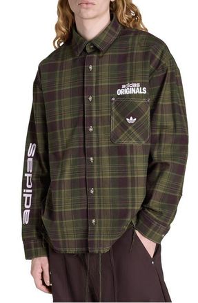 adidas Duck Graphic Distressed Plaid Cotton Flannel Button-Up Shirt in Focus Olive at Nordstrom, Size X-Large