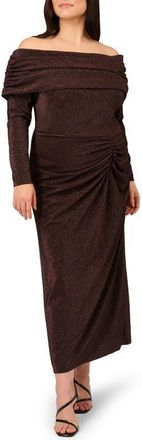 Adrianna Papell Metalllic Knit Off the Shoulder Long Sleeve Gown in Chocolate at Nordstrom, Size 16W