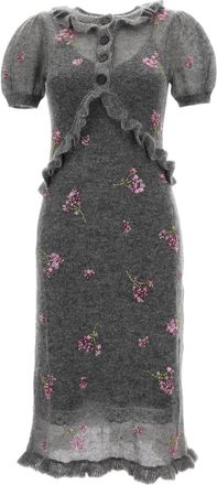 Shushu/Tong Floral Beaded Wool-Blend Lace Trim Pleated Midi Dress