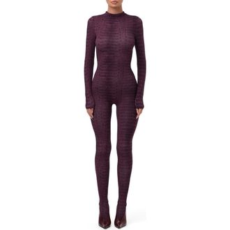 Naked Wardrobe Animal Print Closed Toe Jumpsuit in Dark Plum Crocodile at Nordstrom, Size X-Large