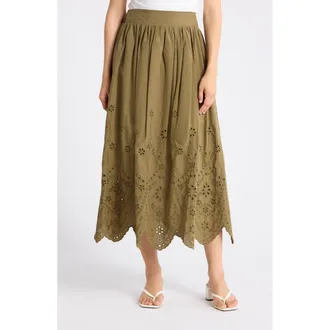 T Tahari Embroidered Eyelet Cotton Skirt in Martini Olive at Nordstrom Rack, Size X-Small