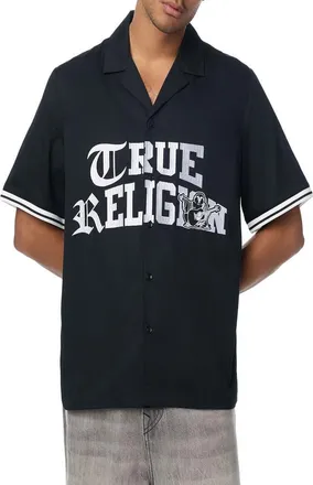 True Religion Sateen Graphic Camp Shirt in Jet Black at Nordstrom, Size Xxx-Large