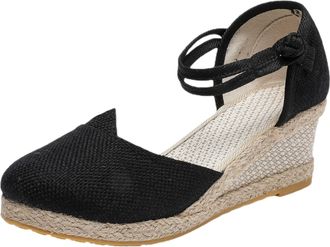 Generic Women Summer Elastic Weave Sandals Breathable Non Slip Round Toe Beach Footwear Comfortable Strap Flat Slides (Black, 6.5)