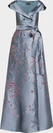 Rene Ruiz Double-Breasted Metallic Jacquard Gown