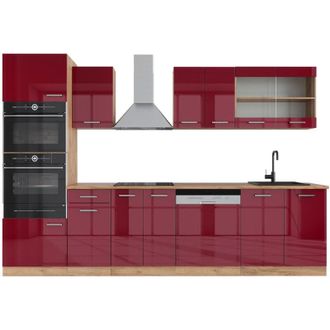 Vicco Mueble de cocina R-Line, Burdeos brillo intenso/roble dorado, 300 cm con armario alto, sin encimera