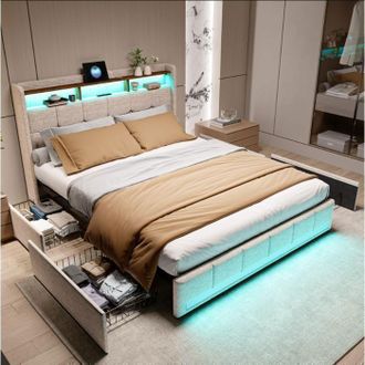 OEM Cama Doble 140x190 Con Cajones, Led Rgb Y Puertos Usb/tipo, Cama De Adulto De Tela Beige, Dise&ntilde;o Tecnol&oacute;gico Moderno Con Compartimento De Almacenamien