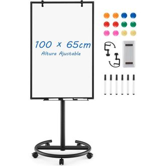 Costway Costway - Pizarra M&oacute;vil 100x65 Cm, Pizarra Blanca Magn&eacute;tica Ajustable Altura Y Ruedas, Pizarra Blanca Con Clips De Papel Y Bandeja, Bloc De Notas De 2