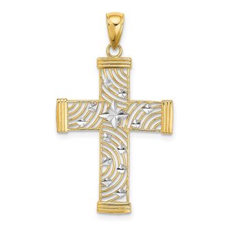 Diamond2Deal 14k Yellow Gold White Rhodium Diamond-cut Stars Cut-Out Cross Charm Pendant