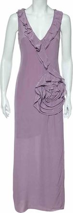 Moschino Cheap & Chic Lilac Silk Chiffon Rose Floral Draped Slit Detail Maxi Dress