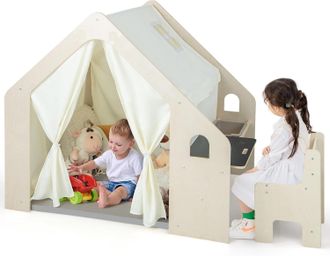 Costway Costway - Tienda De Campa&ntilde;a Para Ni&ntilde;os De Madera 6 En 1, Casita Infantil Con Pizarra, Escritorio, Silla, Contenedor De Almacenamiento Y Tapete, Cortin