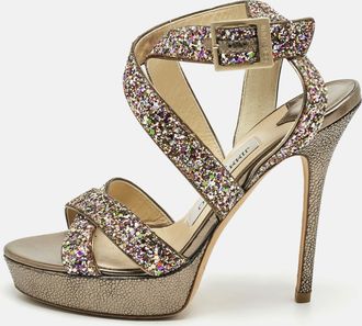 Jimmy Choo London Multicolor Glitter And Leather Platform Ankle Strap Sandals