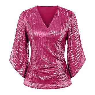 Generic Womens Sequin Blouse - 3/4 Sleeve Sparkly V Neck Top for Evening, Dressy Casual Glitter Shirt, Sexy Ladies Tops and Blouses for Party & Wedding Hot Pi