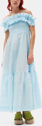 Ganni Blue Seersucker Check Smock Maxi Dress