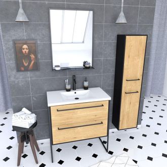 Aurlane Aurlane - Mueble De Ba&ntilde;o 80, Lavabo Blanco, Espejo Y Columna - Roble Y Negro - Structura