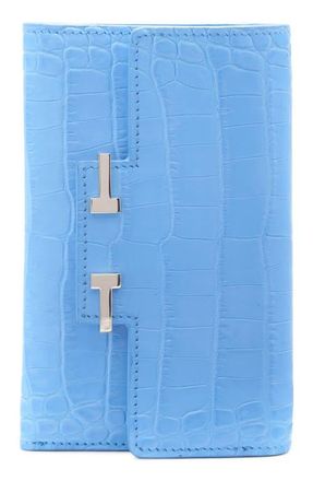 Tom Ford Aube Croc Embossed Compact Wallet in Lichen Blue at Nordstrom