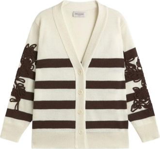 Ermanno Scervino stripe-pattern floral-embroidered cardigan - women - Acrylic/Wool - 38 - Neutrals