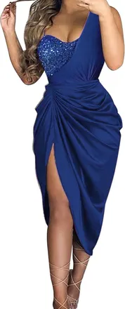 Generic Sequin Dress for Women Bodycon Spaghetti Strap Dress Ruched Side Slit Party Cocktail Dress Dinner Dress Sexy Sleeveless V-Neck Long Occasion Dresses E