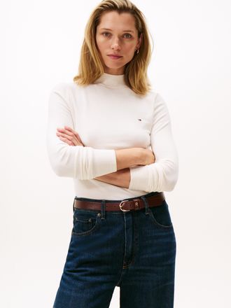 Tommy Hilfiger Strickpullover TOMMY HILFIGER CO JERSEY FINE GG MOCK-NK LS SWT, Damen, Gr. S (36), beige (ivory petal), Feinstrick, Obermaterial: 67% Baumwolle, 33% P