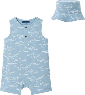 Andy & Evan Print Sleeveless Romper & Bucket Hat Set in Blue at Nordstrom, Size 9-12M
