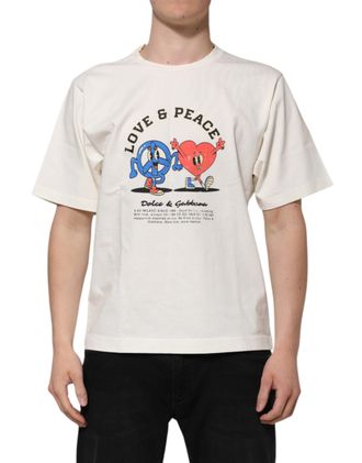 Dolce & Gabbana White Love Peace Cotton Men Crew Neck Mens T-shirt