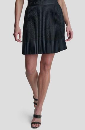 DKNY Logo Band Mixed Media Pleated Miniskirt in Navy at Nordstrom, Size Xx-Small