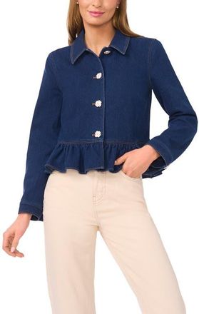 CeCe by Cynthia Steffe Floral Button Peplum Denim Jacket in Mid Indigo at Nordstrom, Size Xx-Small
