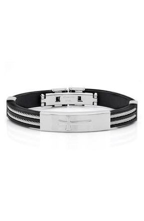 Steeltime Stainless Steel Cross ID Plate Bracelet in Black-Metallic at Nordstrom Rack
