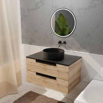 Aurlane Aurlane - Meuble De Ba&ntilde;o 80cm 2 Cajones - Madera Y Negro - Lavabo &Oslash;36cm Y Espejo Led &Oslash;50cm