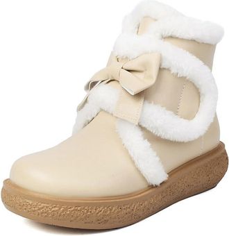 Generic Womens Platform Heel Short Boots with Bow Round Toe PU Leather Winter Ankle Boots Pull on Lolita Shoes,Apricot,2.5 UK