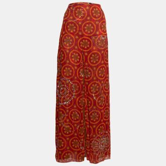 Gianfranco Ferre Vintage Red Printed Silk Embellished Maxi Skirt