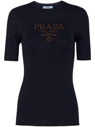 Prada logo-jacquard silk top - women - Silk - 36 - Blue