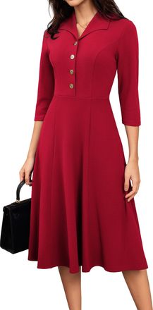 Grace Karin Womens Elegant Collared Swing Dress 3/4 Length Sleeves Metal Button Front Formal Dark Red L