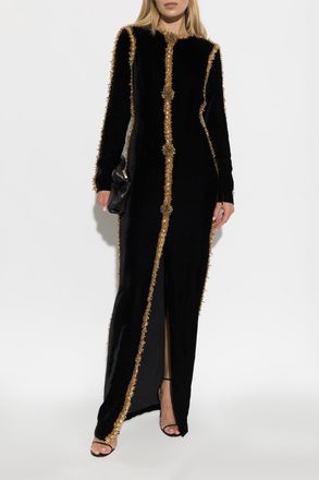 Balmain Long Dress With Appliqu&eacute;s, Womens, Black