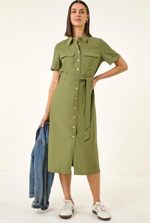 Roman Button Belted Collared Shirt Dress