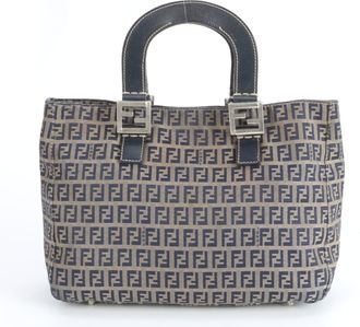 Fendi Zucchino Navy Leather Nylon Handbag Tote Bag (Pre-Owned)