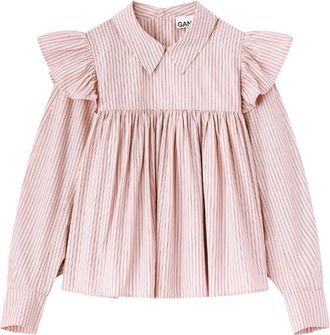 Ganni Oxford Stripe Frill Blouse