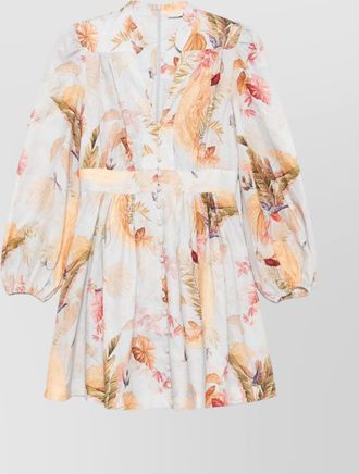 Zimmermann linen ascension printed v-neck long-sleeve mini dress