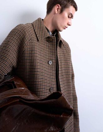 Topman Soprabito oversize in misto lana spazzolato marrone a quadri