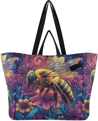 Generic Honeybee Flowers Yellow pattern Reusable Canvas Tote Bag, Heavy Duty Grocery Shopping Bag with Hard Bottom Double Handles Large Capacity Work Grocerie